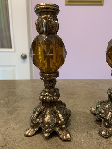 Vtg Candle Holders Brass and Amber Lucite 8" Pair See All Pics - Picture 2 of 9