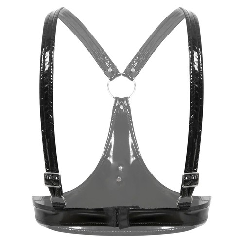 Womens Wet Look Lingerie Bra PVC Leather Halter Neck Push Up Shelf Bralette - Picture 29 of 44