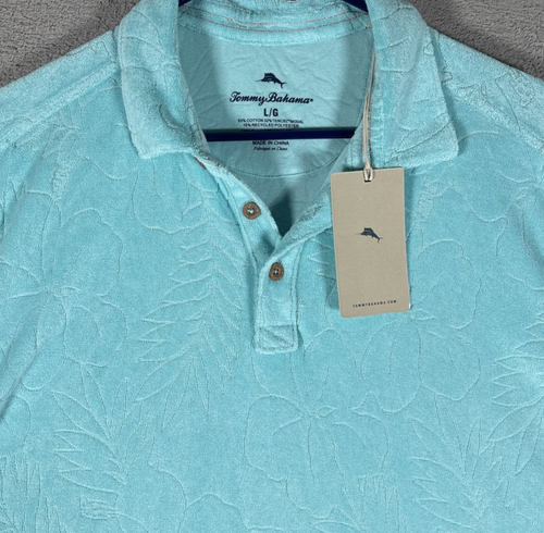 NWT Tommy Bahama Men's Size L Aqua Blue Poolside Hibiscus Terry Polo Shirt $110 - Picture 3 of 10