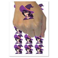 Adorable Anime Witch Girl with Hat Halloween Temporary Tattoo Set