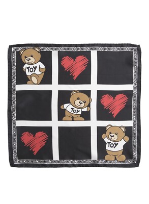 Moschino Black Silk Printed Toy Teddy Heart Design Logo 50 cm Square Scarf NWT
