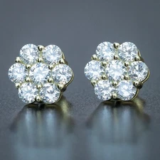 Iced 14K Gold Plated Sterling Silver Round Flower Cluster Stud Hip Hop Earrings