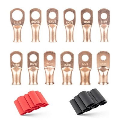 10PCS 2/4/6/8 Gauge Copper Lugs W/ BLACK & RED Heat Shrink Wire Terminals Ring