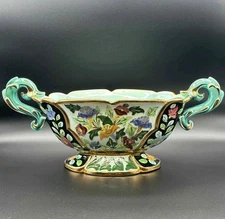 Céravolt Monaco Hand Painted Floral Majolica Centerpiece Bowl Gilt Handles 16"