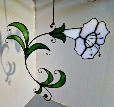 White Datura Flower Sprig Stained Glass Sunсatcher Home Window Hanging Decor