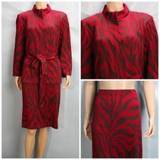 ST JOHN Collection Red Brown Jacket Skirt L Sz 14 12 2pc Suit Belt Animal Print