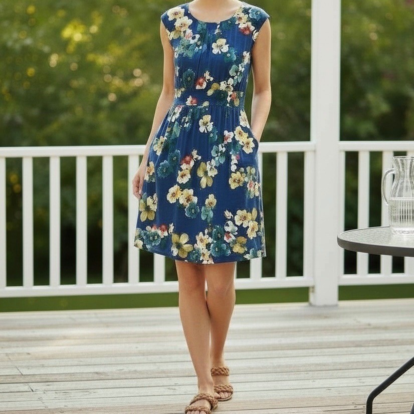 Maeve | Evaline Blue Floral Garden Fit & Flare Dress Pockets Medium Cottagecore