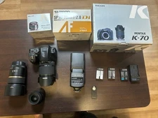 Pentax K-70 DSLR Camera 18-135mm 35mm Macro Lenses Flash 3 Batteries Kit