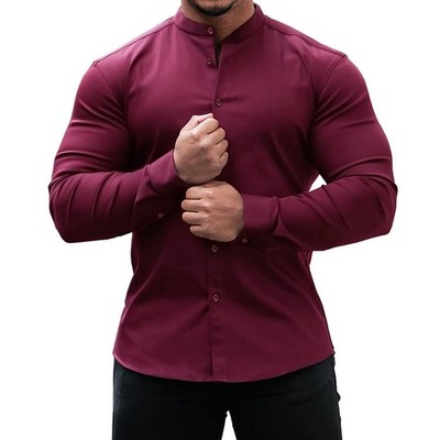 Mens Muscle Dress Shirts Slim Fit Stretch Collarless Long Sleeve Button Shirt U.