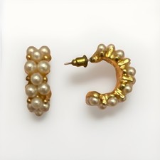 Yellow Gold Plated Faux White Pearl C-Shaped Ear Cuff & Stud Earrings