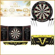 Dartboard Cabinet Set 17.75 Inch Sisal Bristle Steel Tip Darts Walnut Finish