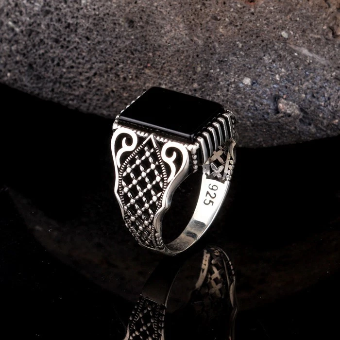 925 Пробы мульти драгоценных камней прямоугольник красный оникс и черный оникс мужское кольцо - Изображение 4 из 4