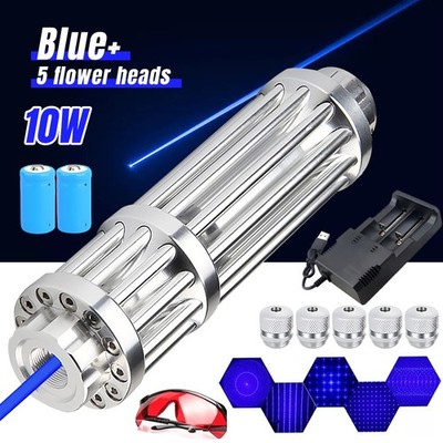 10Watt Adjustable Blue Burning Laser Pointer Visible Dot Torch Light 2 Battery
