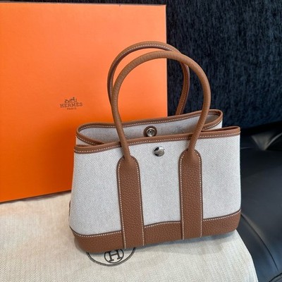 Hermes Garden Party Canvas Mini Top Handle Bag Brown Silver Women