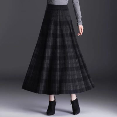 Donna Plaid Maglia Gonna a Pieghe Midi Alto Elastico Vita Termico