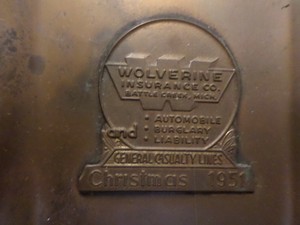 Wolverine Insurance Co brass bookend CHRISTMAS 1951 LOGO