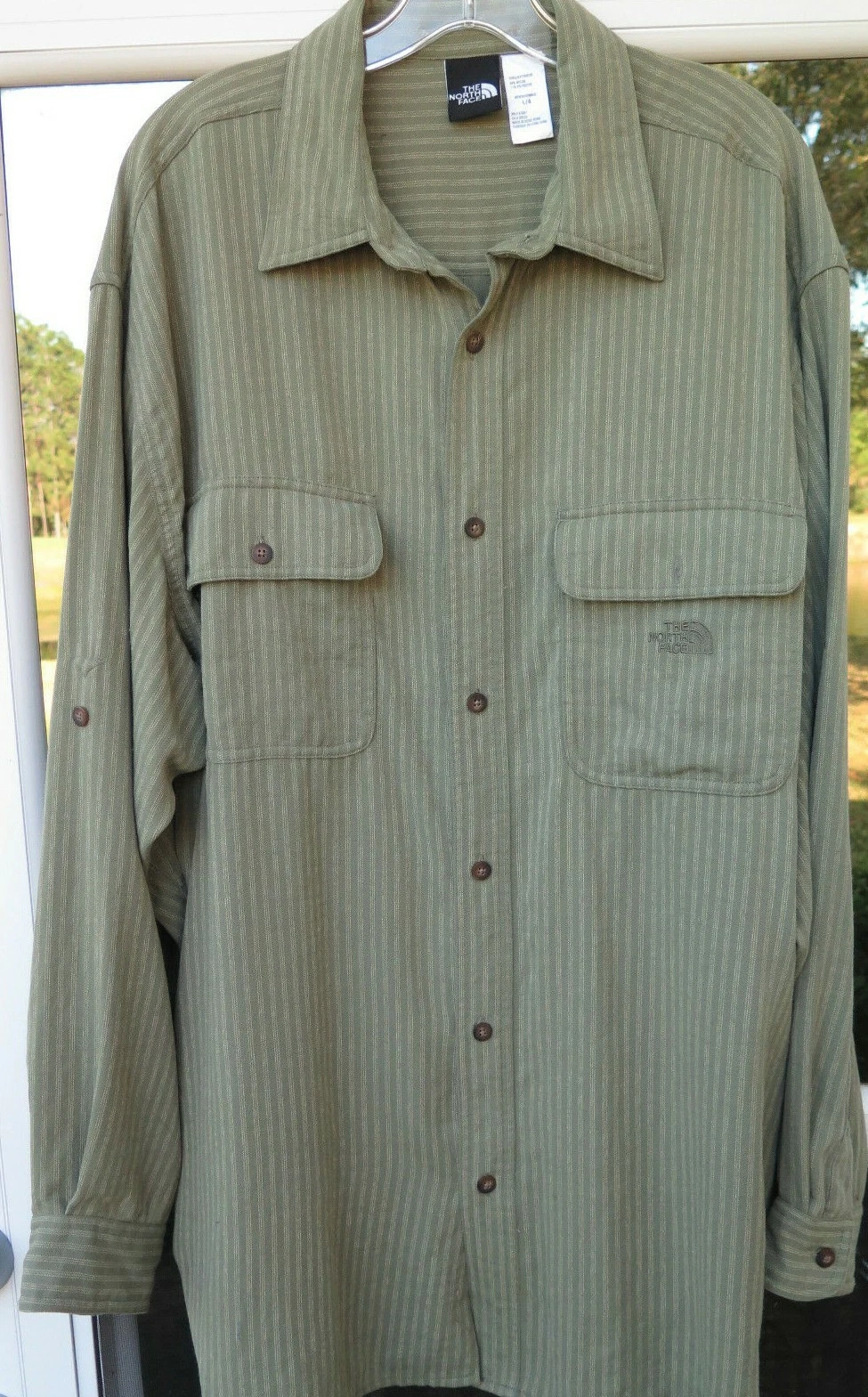 The North Face Mens Long Sleeve Green Striped Outdoors Hiking Casual Shirt Large