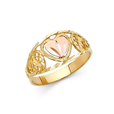 Women 14k Yellow Rose Real Gold Love Heart Petite Antique Fashion Ring Band