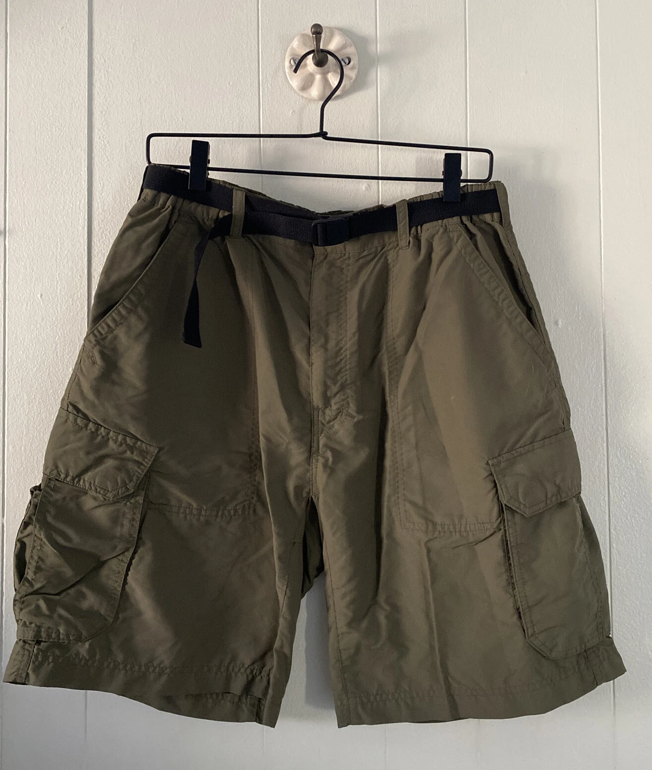 REI Army Green Nylon Cargo Shorts Pockets Hiking Outdoors Camp Mens Sz L *READ