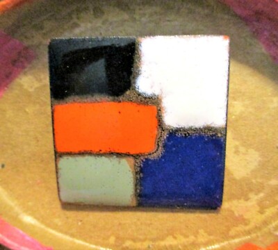 Copper & Enamel Modernist Brooch, Straight Back Clasp, Geometric Pattern, 1-1/2''