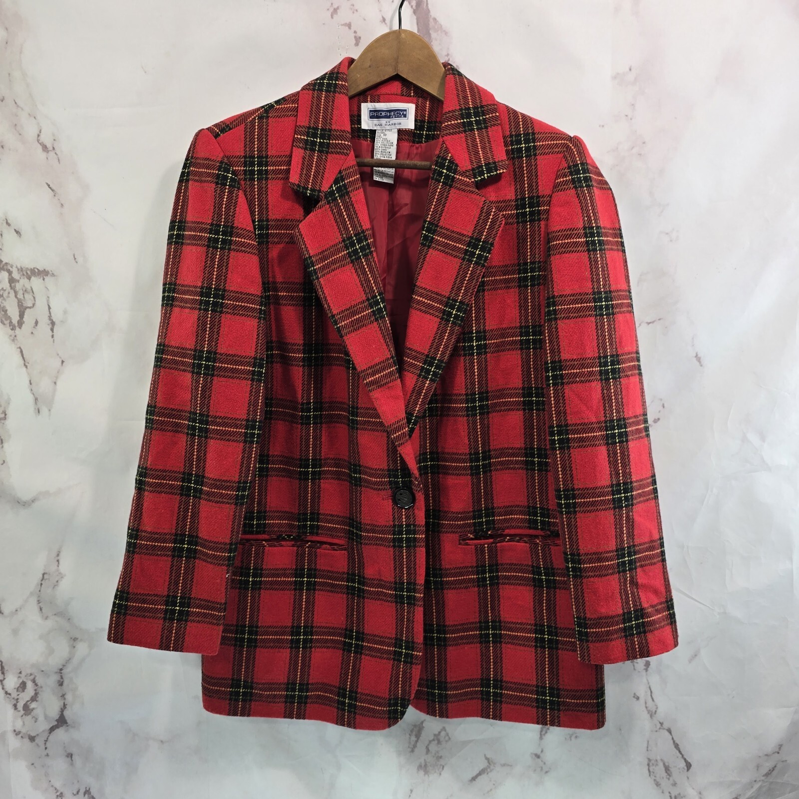 Vintage Blazer Womens Large Red Plaid 1 Button Wool Academia Scotch 90s Y2K 12