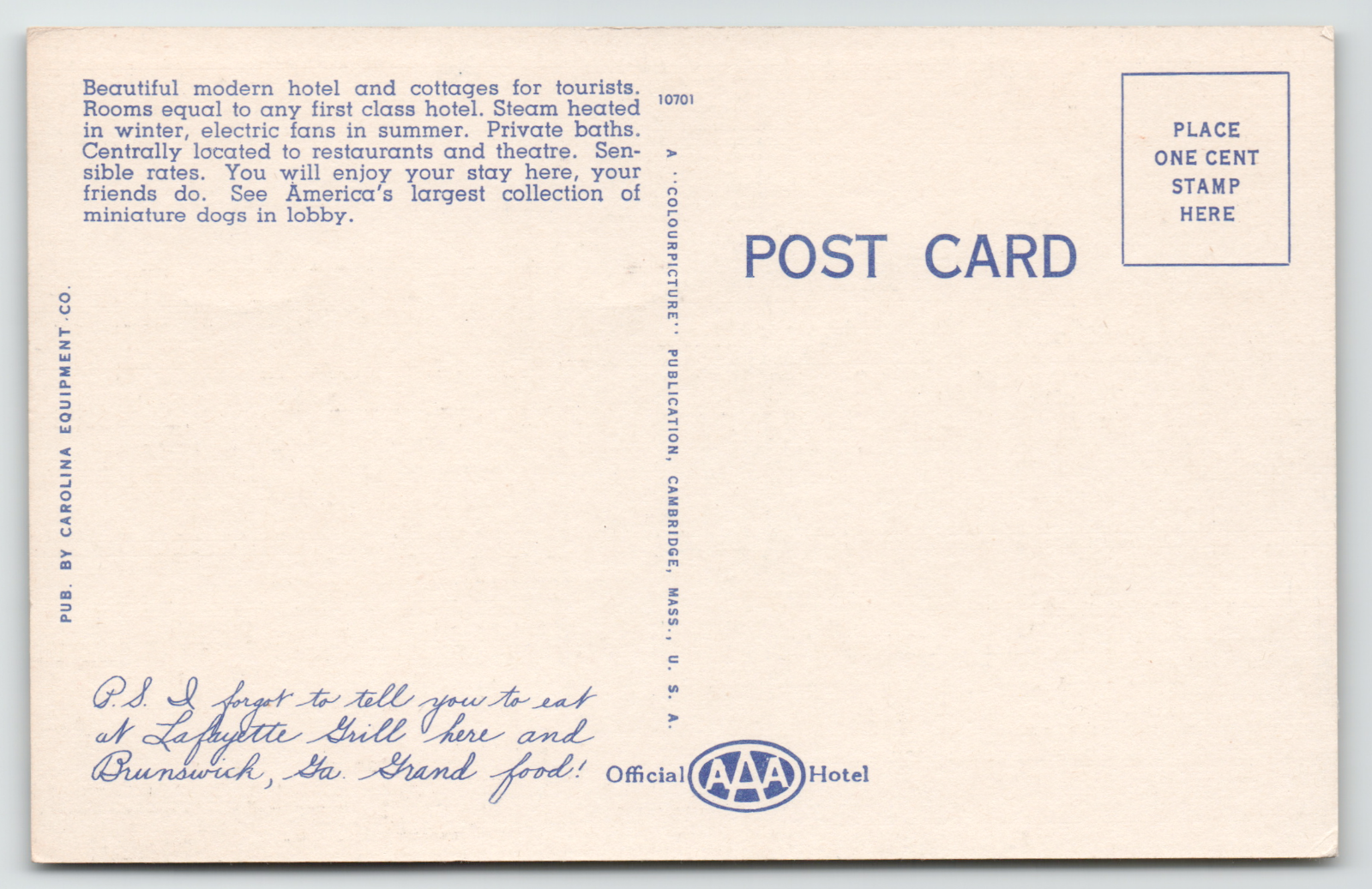 Postcard Inn Logo Postcard Dual View Lady Lafayette Cottages and Hotel in Walterboro, SC ...