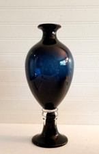 Large Hand Blown Art Glass Vase Dark Blue Footed Pedestal Bud Vase 12"