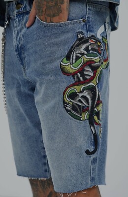 Ed Hardy Denim Shorts 12'' Panther Snake Embroidered Size 36 Slim Fit Tattoo Rock