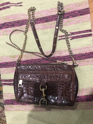 REBECCA MINKOFF ALLIGATOR EMBOSSED Brown Leather Shoulder Chain STUDDED HANDBAG