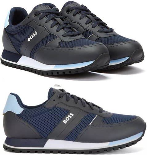 Hugo Boss Trainers Mens Grey Boss Parkour Runn MXMT Dark Blue Trainers - Picture 1 of 7