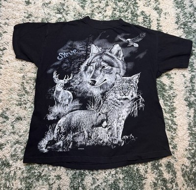Vintage Wolf Eagle Deer Bear Steve Nature All Over Print Native 90 s T-Shirt 