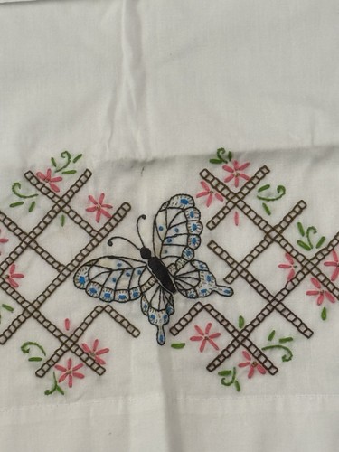 Vintage Hand Embroidered Linen Pillow Cases (2) Butterfly Flowers 31”X20”