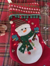 JCP North Pole Co Multi-Color LED Lights Snowman Christmas Stocking Pom Poms NEW
