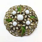Vintage Czechoslovakia Milk Glass Enamel Gold Tone White Green Filigree Brooch