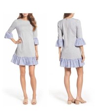 Eliza J Sweatshirt Dress Women's 6 Gray Blue Striped Ruffle Flounce Hem Preppy