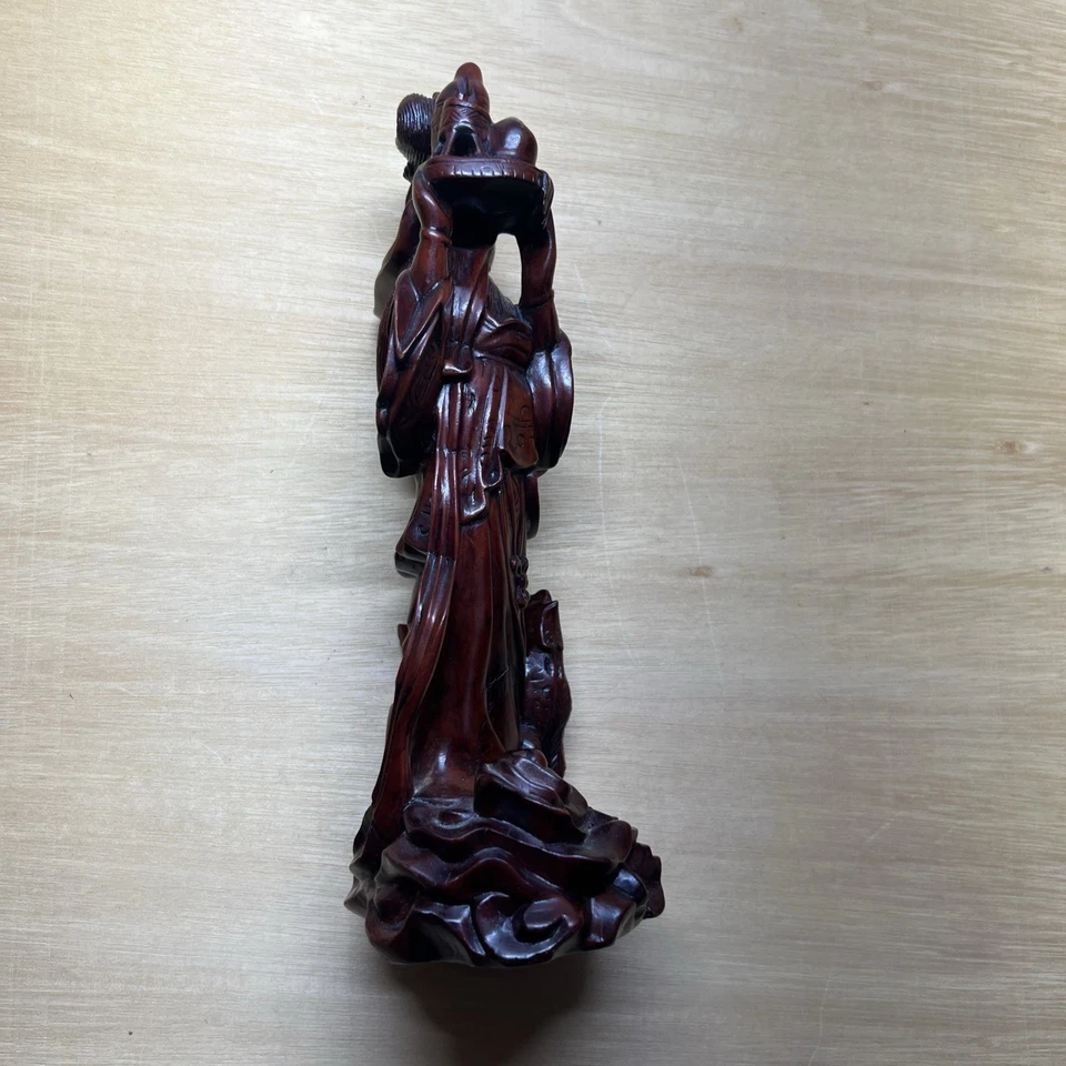 Antigua estatua antigua de madera tallada china de secuoya de principios del siglo XX Foto 4 de 4