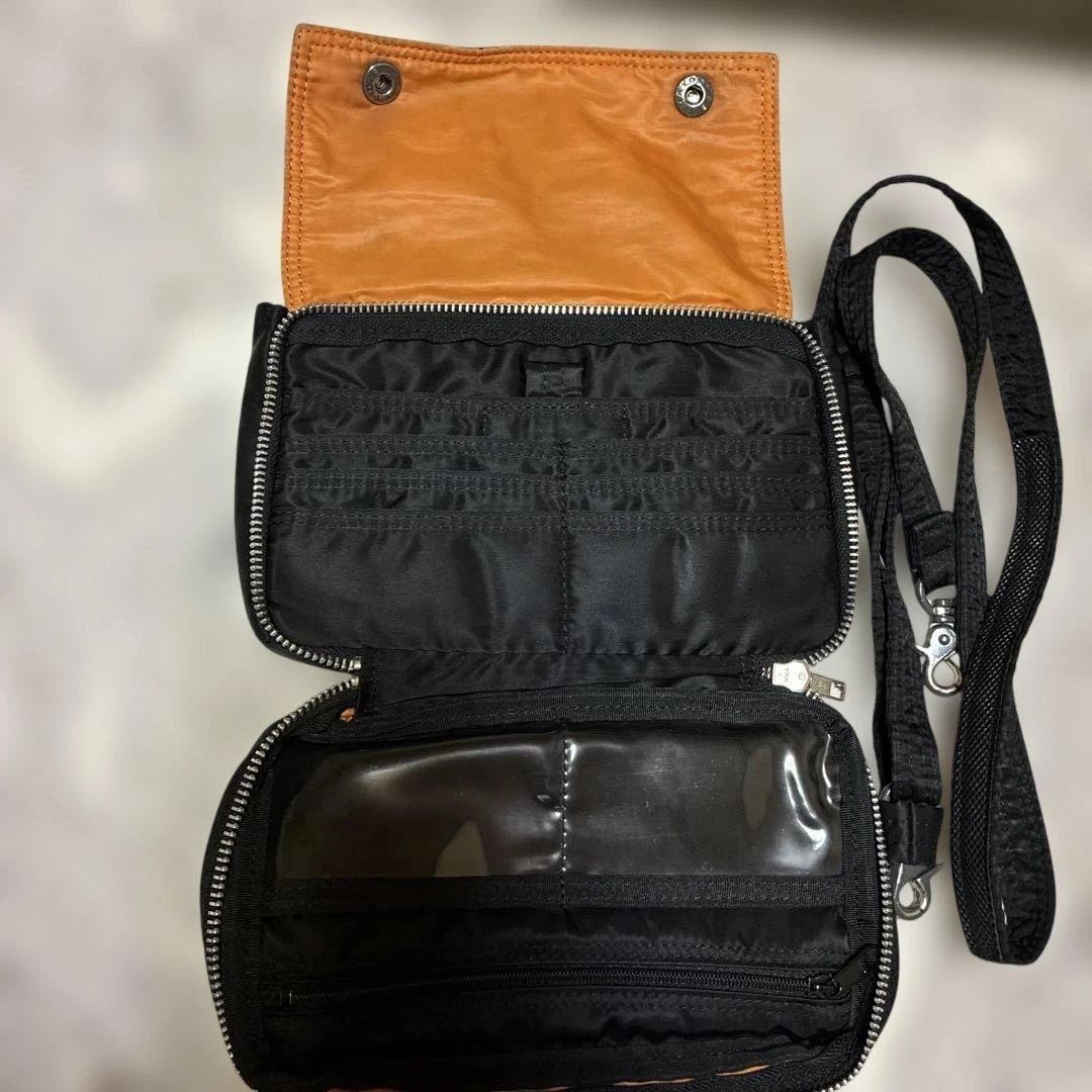 PORTER Yoshida TANKER 2Way Shoulder Bag Black Snap Flap Orange Lining Japan
