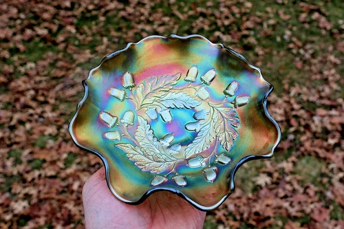 ANTIQUE FENTON ACORN CARNIVAL GLASS RUFFLED BOWL - AQUA - SCARCE
