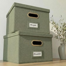 Decorative File Organizer Box Set of 2 - Collapsible Linen Filing Cabinets with