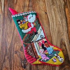 Vtg Bucilla Needlepoint Christmas Stocking Santa Claus Red Faux Fur Back Finish