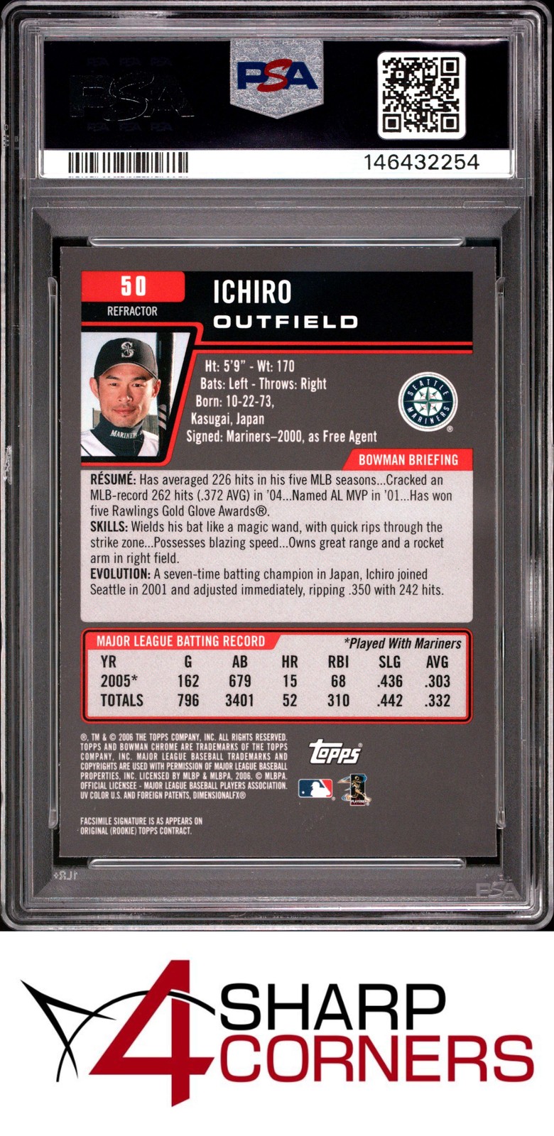 2006 BOWMAN CHROME REFRACTOR #50 ICHIRO SUZUKI PSA 10 view 2