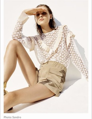 Sandro Paris Ivory Lace Blouse Ruffle Trims Long Sleeve Romantic Top EU Size 2