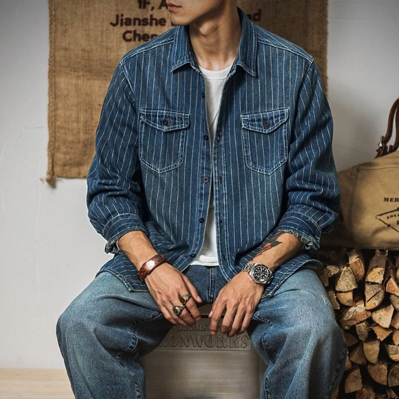 Herren Denim Gestreiftes Hemd Distressed Jeans Hemd Bluse Geknöpft Top Retro - Bild 2 von 4
