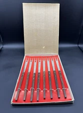 MCM VTG Set of 8 Wooden Handle and Stainless Steal Fondue Forks, Japan, OG Box
