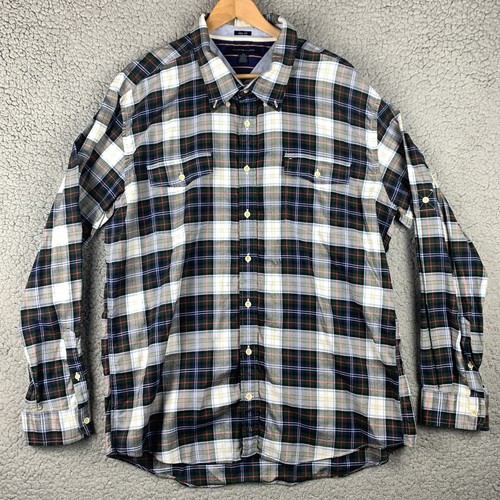 Tommy Hilfiger Men’s Button Down Shirt 2XL Green Blue Plaid Long Sleeve Slim Fit
