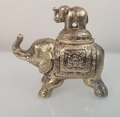 Vintage Gold Tone Metal Elephant Incense Burner / Trinket Box / Figurine
