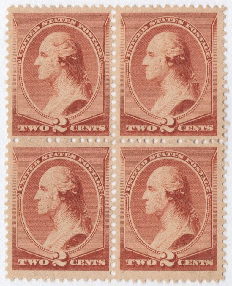 US Sc# 210 *MINT NO GUM* { -VF- BLOCK OF 4 } 2c ORANGE BROWN WASHINGTON OF 1883 - Image 2 of 4