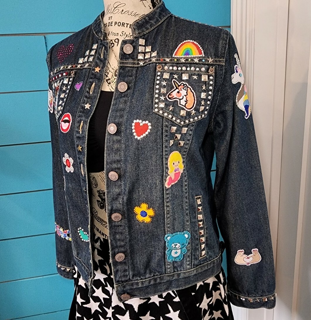 OOAK Unicorn Madness Patch Jean Jacket Studs Beda… - image 2