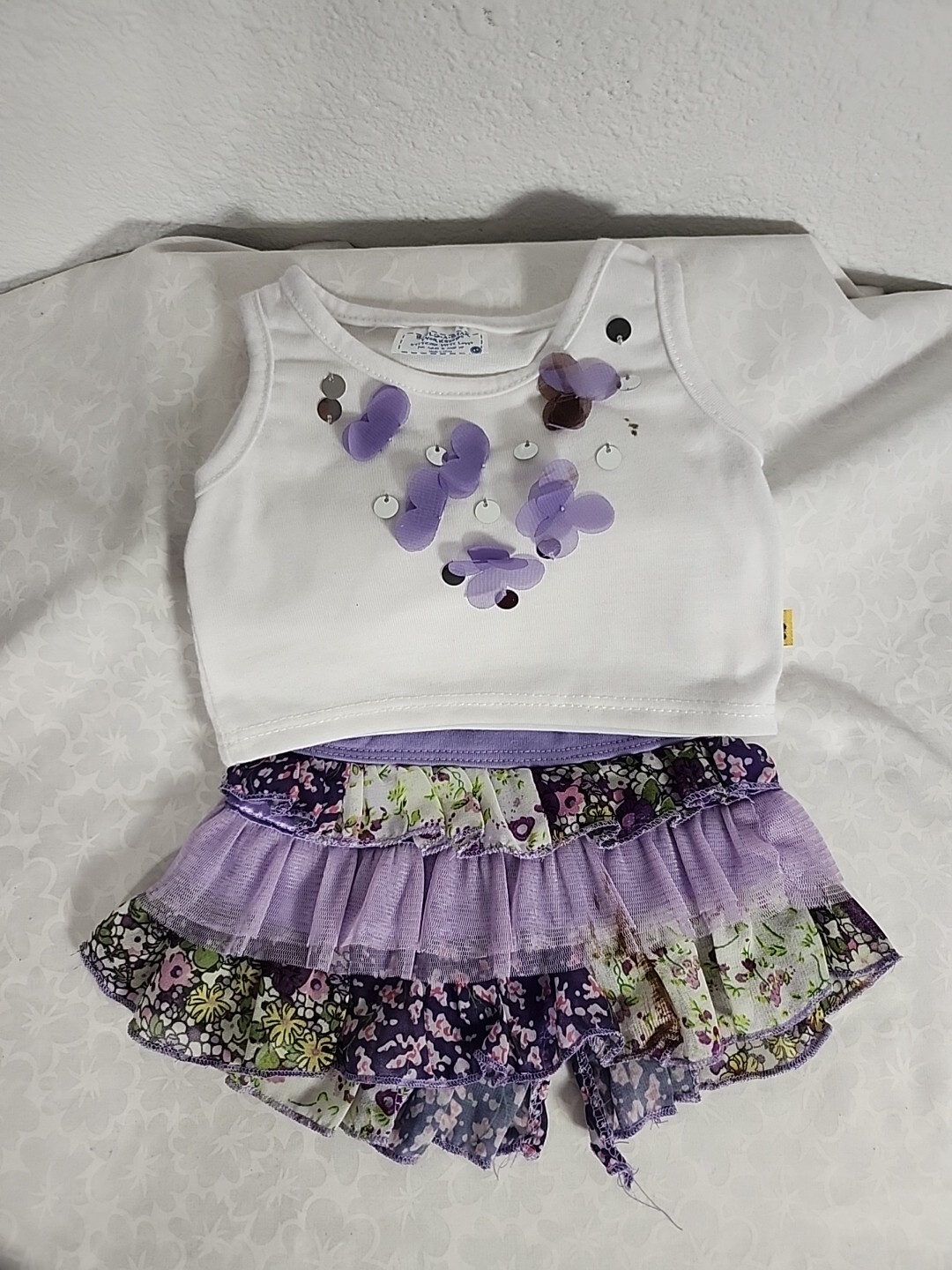 BUILD A BEAR White Tank with Violets and Matching Violet Floral Skirt 2011