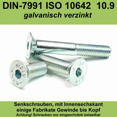 M10 DIN 7991 Senkschrauben verzinkte 10.9 Innensechskant Senkkopf ISO10642 Stahl